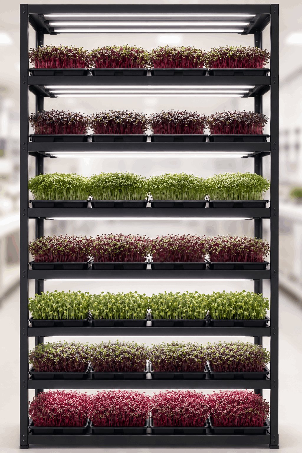 Modernes Vertical-Farm-Regal mit verschiedenen Microgreens